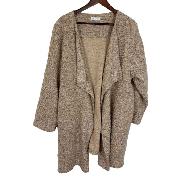 Calvin Klein Tan Beige Black Boucle Knit Pockets Long Cardigan Sweater Women 1X - Picture 2 of 7